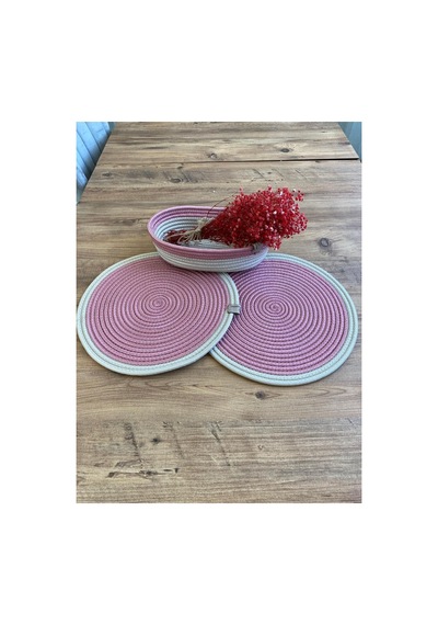 Jüt Hasır Amerikan Servis Supla Ve Sepet 3 Parça Pembe Krem Pembe Krem