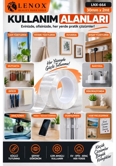 Lenox Çift Taraflı Şeffaf Bant 30 Mm X 2 Metre Güçlü Tutunma Çok Amaçlı Sabitleme Bandı