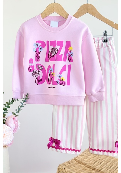 Monila Kız Çocuk Pembe Pizza Yazılı Pamuklu Sweatshirt Ve Pembe Çizgili Kanvas Pantolonlu Alt Üst Takım