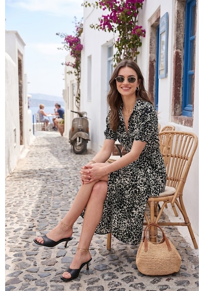 Lela Desenli Relaxed Fit Balon Kol Yırtmaçlı Kemerli Midi Boy Bayan Elbise 67810558 Yeşil-Leopar