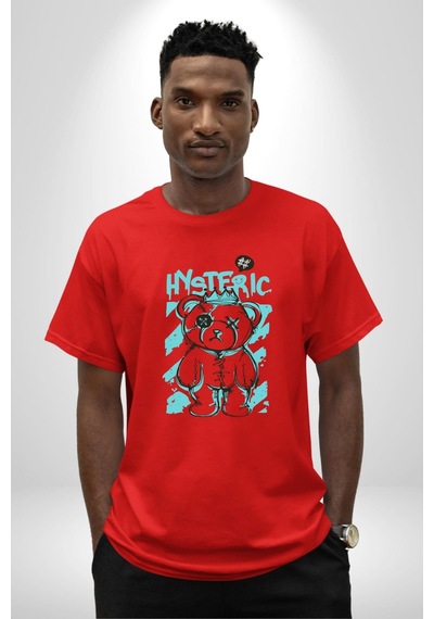 Histerik Pamuklu Bisiklet Yaka Unisex Oversize Boyfriend Dijital Baskılı Kırmızı T-shirt Kırmızı