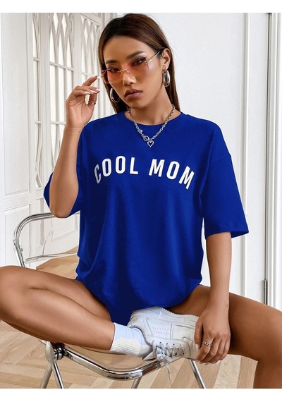 Cool Mom T-shirt - Lacivert Baskılı Oversize Bisiklet Yaka Kısa Kol Tişört Lacivert