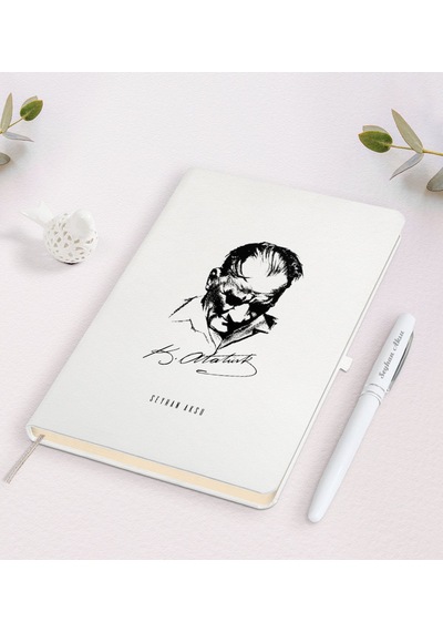 Kişiye Özel Atatürk Temalı Beyaz Defter ve Kalem Seti-28 Beyaz