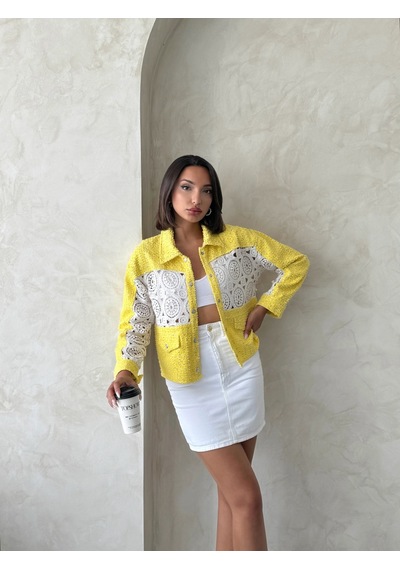 Verymoda Dantel Detatlı Kot Ceket F1758 Sarı
