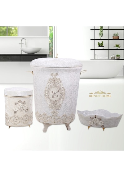 Lisa Krem 3Lü Kadife Banyo Kirli Çamaşır Sepeti Seti Krem