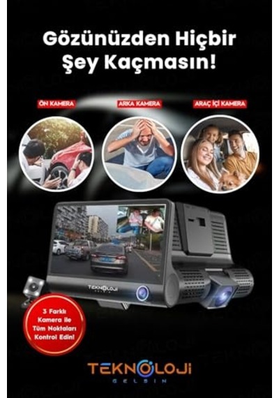 Lcd Ekranlı 170 Geniş Açı 1080p İçi Kamera Gece Görüşlü 3 Kameralı G-sensör İle Uyumlu Yol Kayıt Diğer