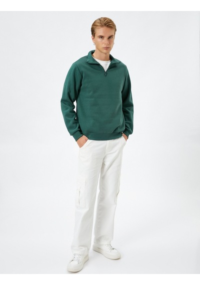 Koton Yarım Fermuarlı Sweatshirt Dik Yaka Uzun Kollu Şardonlu Haki 4wam70024mk Haki