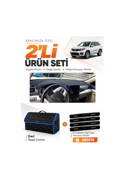 Kia Sorento 2009-2014 Uyumlu Torpido Örtüsü + Deri Bagaj Çantası + Sticker Seti - Siyah Mavi