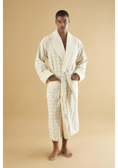 Jakarlı Organik %100 Cotton Erkek Bornozu Krem