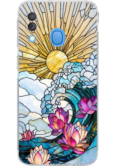 Printify Samsung Galaxy A40 İle Uyumlu Vitray Okyanus Sabahı Tasarımlı Şeffaf Silikon Kılıf Şeffaf