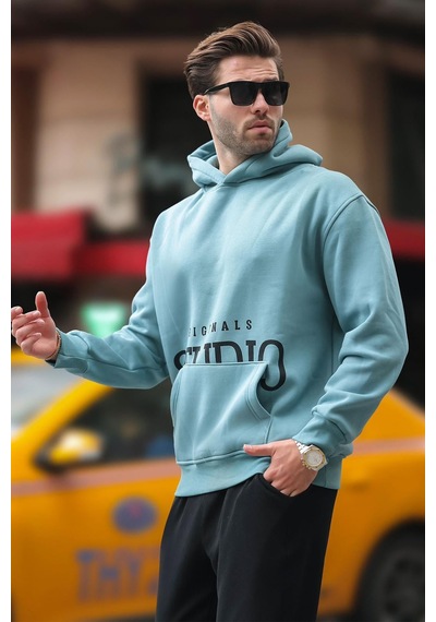 Madmext Mavi Kapüşonlu Baskılı Cep Detaylı Sweatshirt E7076 Mavi