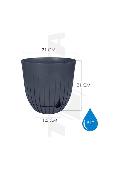 Çizgi Saksı Plastik Delikli Tabaklı Çiçek Saksısı 1 Adet, Antrasit, 5 Litre 001