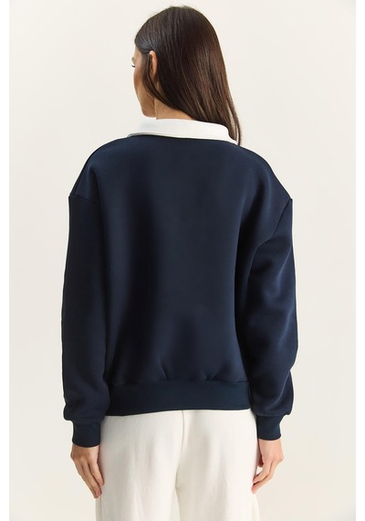 Shade Kadın Polo Yaka Chicago Baskılı Üç İplik Şardonlu Sweatshirt 60601050 - Lacivert