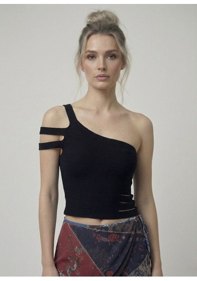 Neden Tekstil Asimetrik Tek Omuz Triko Crop Bluz - Siyah