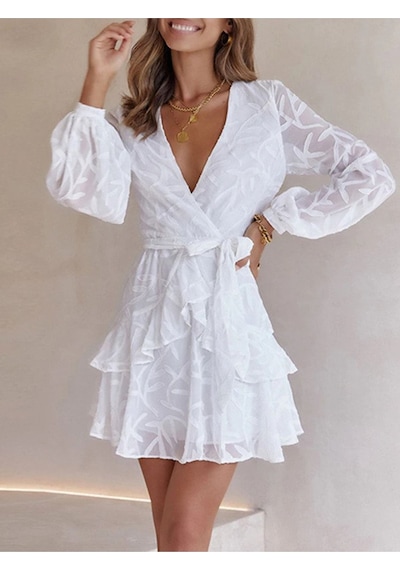 Fashion Cocktail Kabartma Yaprak Dal Desenli Uzun Kollu Kemerli Bohem Mini Elbise Beyaz