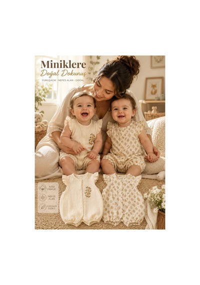 Bambino 2. Unez Kız Bebek Müslin Tulum Seti Fırfır Kollu Pamuklu Yazlık 2'li Takım Bej Bej