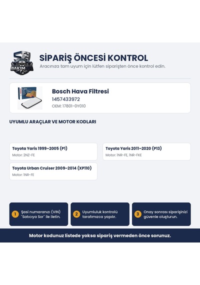 Bosch 1 457 433 972 Hava Filtresi - Yaris P1-p13 1.3 Vvt-i / 1.33 Dual Vvt-i