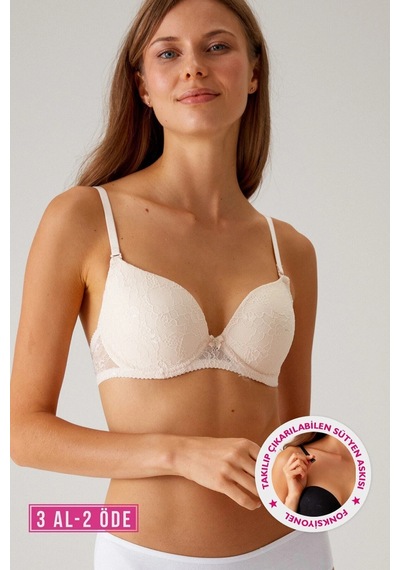 Pierre Cardin Kadın Pudra 6221 Lyon Balenli Double Push Up Ekstra Dolgulu Dantelli Tak-çıkar Askılı Sütyen