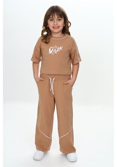 Toontoy Kids Toontoy Kız Çocuk Queen Baskılı Crop Eşofman Takım Kahve