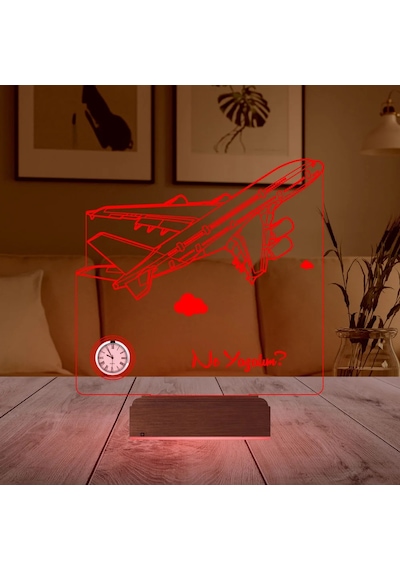 Luvivia Uçak Pilot Yolcu Uçağı Kaptan Pilot Kişiye Özel Metal Saatli 3d Lamba - Masa Gece Lambası Şeffaf