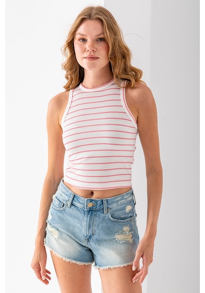 Giysa Kadın Bisiklet Yaka Kolsuz Çizgili Basic Body Pembe - 25507 Pembe