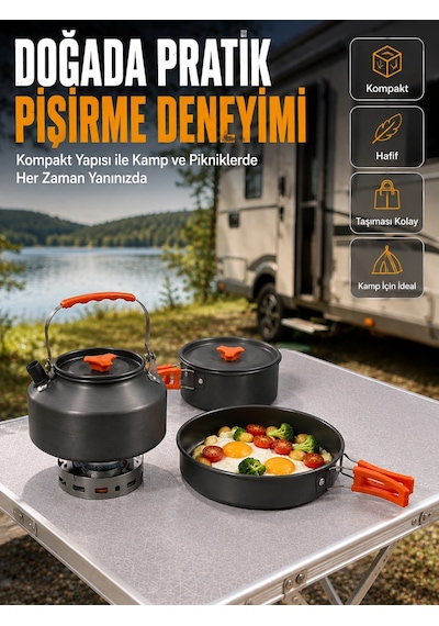 Alüminyum Kamp Pişirme Seti Katlanabilir Kulplu Çaydanlık Tencere Tava Outdoor Yemek Seti Açık Lacivert
