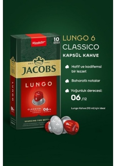 Jacobs Lungo 6 Classic Nespresso Uyumlu Kapsül Kahve 10 Lu X 10 PKT.JACOBS.021 Kapsül Kahve