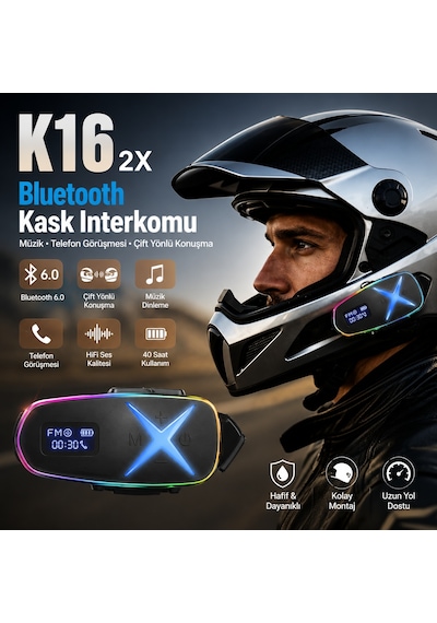 K16 2x Bluetooth Motosiklet Kask Interkomu Bluetooth 6.0 Çift Yönlü Konuşma Müzik Dinleme Telefon Görüşmesi Type-c Şarjlı