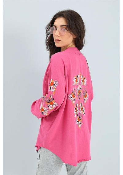 Wpr Kimono Reglan Kol Nakışlı Keten - Fuşya-fuşya Fuşya