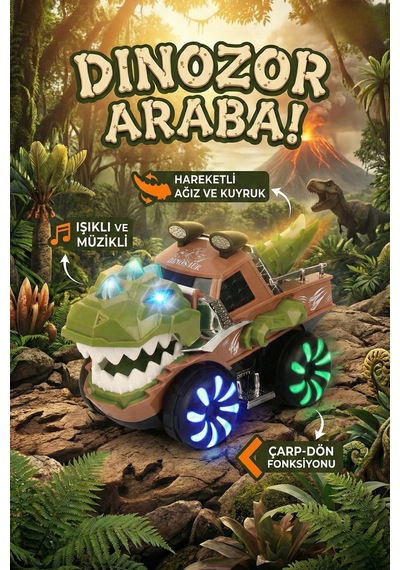 Hareketli Dinozor Oyuncak Araba - Işıklı, Müzikli, Çarp Dön Özellikli T-rex Kamyon - 2 Yaş+ Çok Renkli