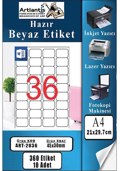 A4 Hazır Etiket 45x30 Mm 10 Sayfa 1 Paket 36 Lı Kendinden Yapışkanlı Fotokopi Lazer İnkjet Kağıdı Yazıcılar İçin Uyumlu