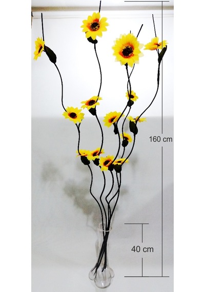 Uzun Şeffaf 40cm Cam Vazo 160cm Siyah Dal Sarı Ayçiçeği Gündoğdu