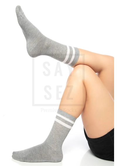 Saysez Bambu Unisex Tenis Kolej Çizgili Gri M. Dikişsiz Soket Çorap 3'lü Gri Melanj