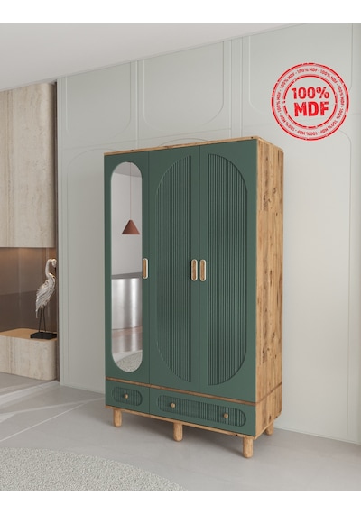 %100 MDF Soho 3 Kapaklı Çekmeceli Modüler Gardırop - Yeşil