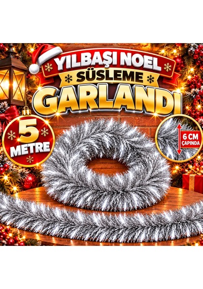5 Metre Gümüş Garland Gümüş Çam Dalı 6 Cm Çap Yılbaşı Garlandı Parlak Metalik Dekor İnce Garland