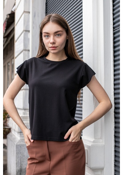 Kadın İpeksi Kumaş Geniş Sıfır Yaka Kısa Kol Tshirt Bluz-siyah Siyah Kadın İpeksi Kumaş Geniş Sıfır Yaka Kısa Kol Tshirt Bluz-siyah Siyah