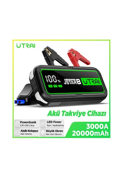 Utraı Jstar 8 74wh 20000mah 3000a Jump Starter Taşınabilir Akü Takviye Cihazı Powerbank + Led Lamba + Taşıma Kılıfı + Lcd Ekran
