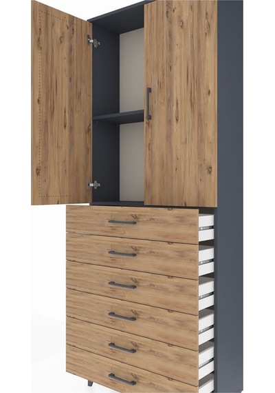 Arges Dolap 2 Raflı 6 Çekmeceli 2 Kapaklı 88x30x221 Antrasit-çam Antrasit