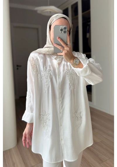 Kahijab Stella Boncuk İşlemeli Gömlek - Beyaz