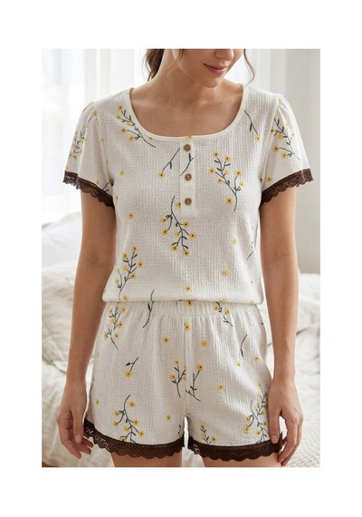 Fit Women Dantel Detaylı Çiçek Baskılı Şortlu Pijama Takımı 4584 Beyaz