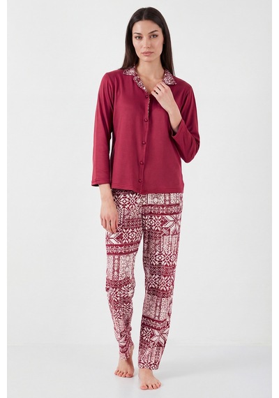Lela Desenli Regular Fit Apaş Yaka Beli Lastikli Bol Paça Bayan Pijama Takımı 65714300 Bordo