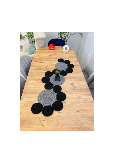 Jüt, Hasır, Dekoratif Masa Örtüsü,papatya Model Runner 30x100 Cm, Sehpa Örtüsü, Bohem Tarzı Gri Siyah Gri Siyah