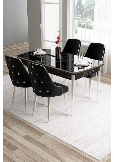 Canisa Tia Serisi 80x132 Mdf Açılabilir Siyah Mermer Desen Krom Detay Masa Takımı Ve 4 Siyah Sandalye Masa Siyah Mermer Desen Sandalye Siyah Canisa Tia Serisi 80x132 Mdf Açılabilir Siyah Mermer Desen Krom Detay Masa Takımı Ve 4 Siyah Sandalye Masa Siyah Mermer Desen Sandalye Siyah