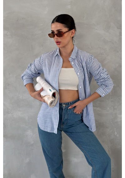 Femelle Kadın Mavi Çizgili Slim Fit %100 Pamuk Gömlek