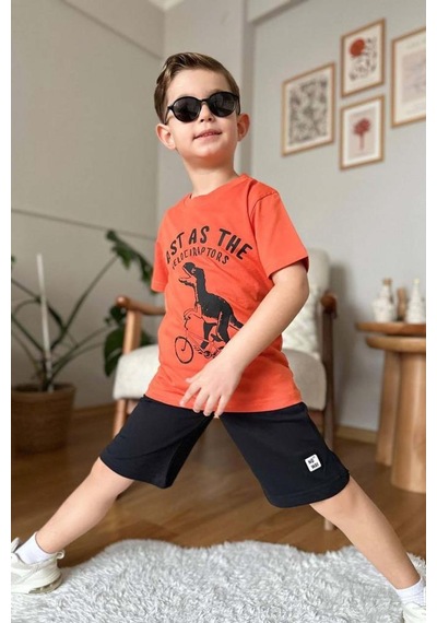 Riccotarz Erkek Çocuk Dinazor Ve Bisiklet Baskılı Turuncu T-shirt Penye Şortlu Takım Turuncu
