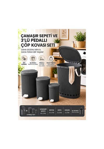 Premıum Kanal Tasarım Çamaşır Sepeti Ve Pedallı Çöp Kovası Seti 65l, 20l, 13l, 8l - Hava Akışlı Tasarım, Soft-close Kapak Gri - 909315802 Gri Premıum Kanal Tasarım Çamaşır Sepeti Ve Pedallı Çöp Kovası Seti 65l, 20l, 13l, 8l - Hava Akışlı Tasarım, Soft-close Kapak Gri - 909315802 Gri