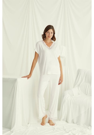 Monamise Kadın Kısa Kollu V Yakalı Dantelli Pijama Takımı 18513-ekru Ekru