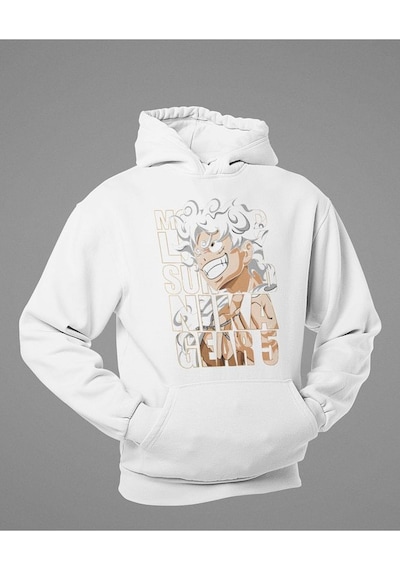 Monkey D. Luffy Nika Gear 5 Baskılı Unisex Oversize Anime Hoodie Beyaz