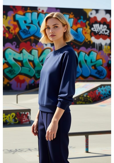 Benerly Kadın Bisiklet Yaka Reglan Kol Düz Örme Sweatshirt Fonksiyonel Da Lacivert