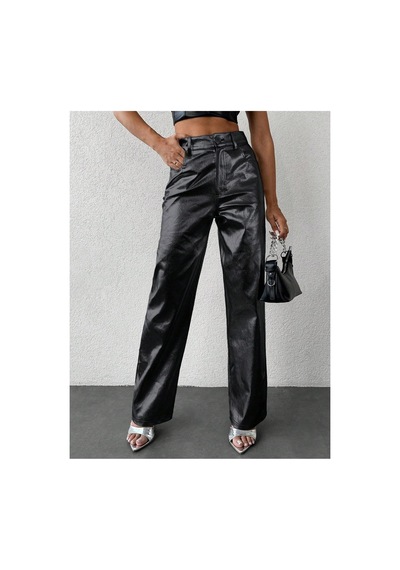 Kene Jeans Kadın Siyah Bol Paça Deri Pantolon Siyah